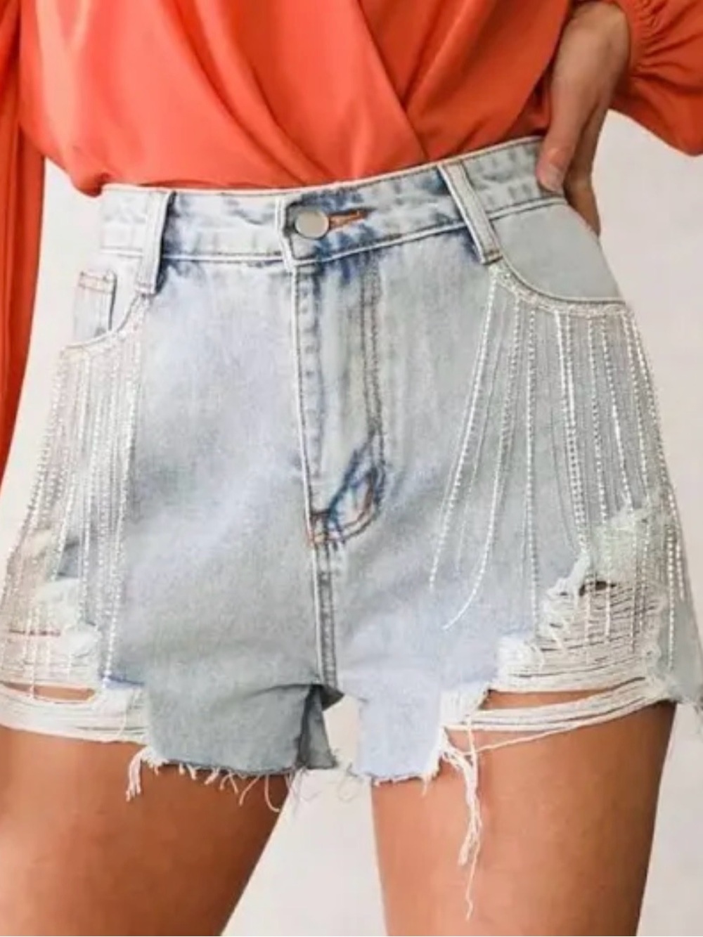 Embellished Light Wash Denim Shorts - Light Blue